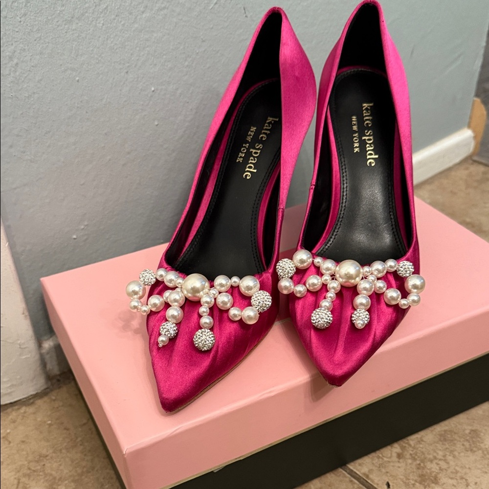 Kate Spade Fuchsia Satin Heels with Pearl Details